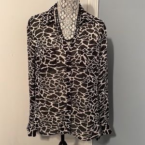 Jones New York Black and White Animal Print Sheer Button-Down Blouse